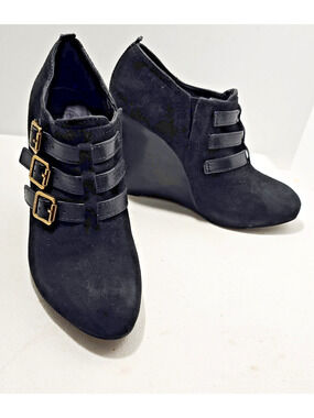 Tory Burch Womens Gabrielle Black Suede Wedge Ankle Boots Buckles 9 M
